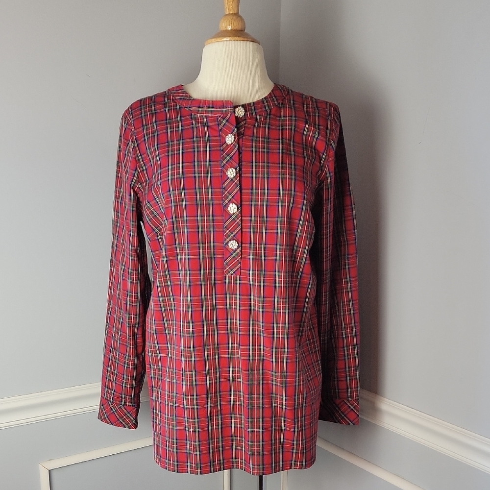 TALBOTS Tartan Classic Red Plaid Jeweled Half Button‎ Down Tunic Holiday Top L